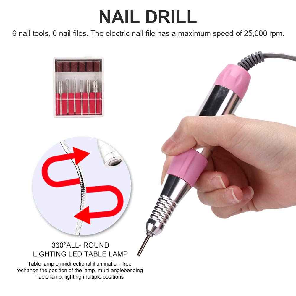 5 in 1 Nail Dust Collector with Drill, 60W Multi-Functional Nail Grinding Machine, Cleaner, Manicure Light, Hand Rest Pillow for Salon, Home Manicure, Pedicure (US)