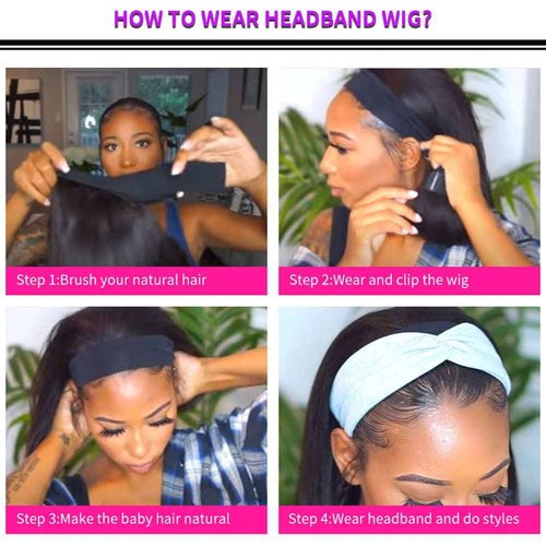 Headband Wig Human Hair for Women Straight Bob Human Hair Headband None Lace Wig Glueless Short Bob Wigs 100% Brazilian Virgin Hair Wear and Go Wigs Natural Color 12 Inch