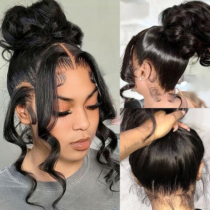 Kloiynj 360 Lace Front Wigs - 220% Density Body Wave HD Lace Front Wigs - Brazilian Virgin 16 Inch - Full Lace Wigs Pre Plucked with Baby Hair - Natural Color