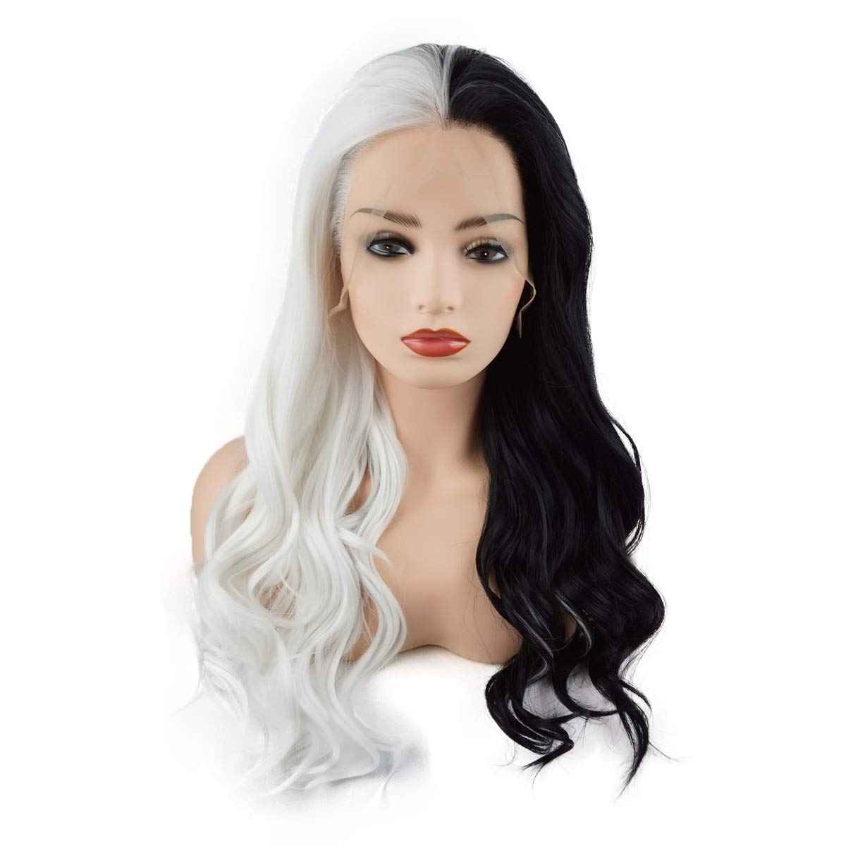 Meiyite Hair Wavy Long 24inch Half Black and Half White Mix Half Hand Tied Heat Resistant Synthetic Lace Front Wigs