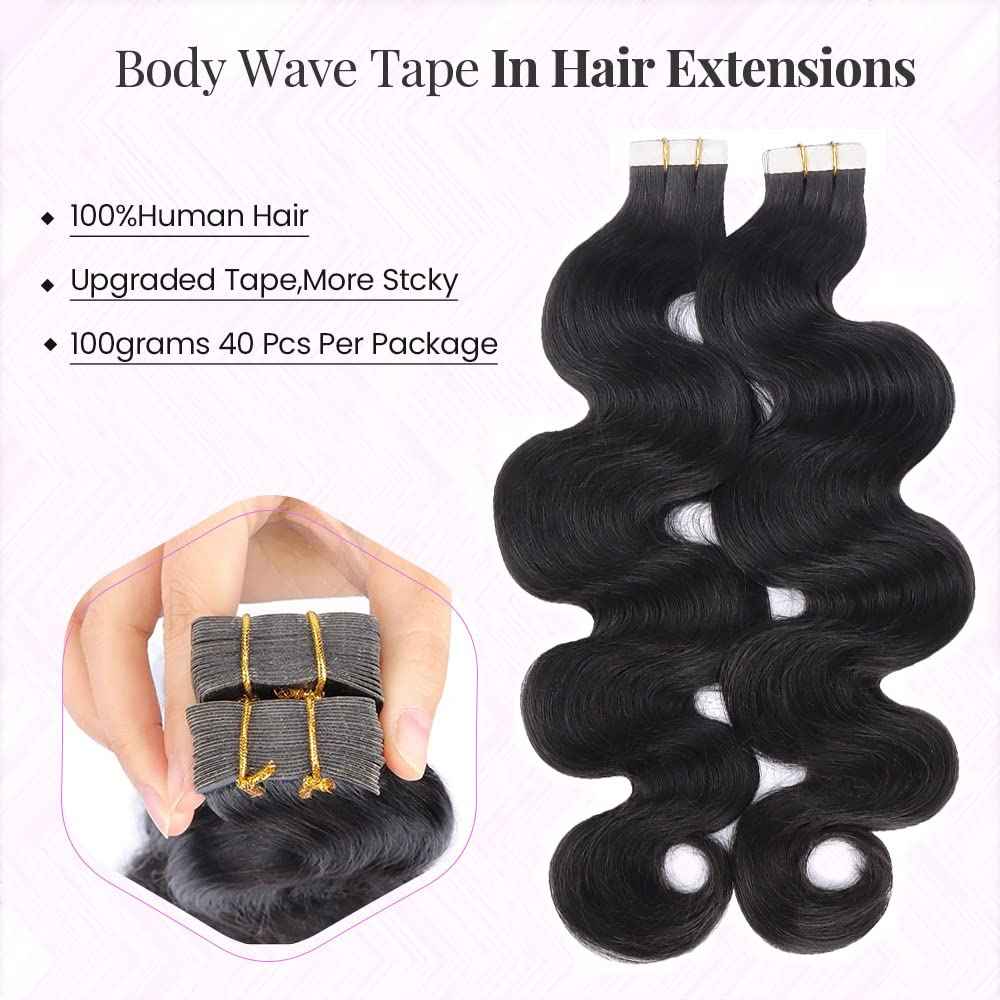 24 Inches Long Body Wave Tape in Hair Extensions 100Gram Human Hair Invisible Tape Ins Natural Black for Black Women Real Hair Tape in Extensions 40Pcs Double Sided Tapes Hair Extension