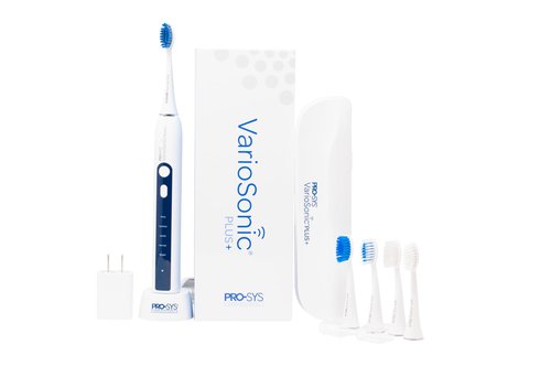 PRO-SYS® VarioSonic Plus+ Professional Electric Toothbrush Full Kit, Rechargeable Powered Toothbrush with Travel Case, 5 Brush Heads, 5 Modes, Extra Long Battery, Pressure Sensor and Timer (White)