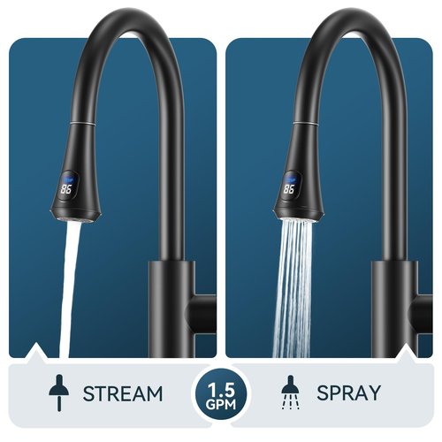 FORIOUS Black LED Kitchen Faucet with Pull Down Sprayer, High Arc Single Handle Modern Stainless Steel Sink Faucet with Temperature Digital Display, Suitable for Farmhouse Camper Rv Bar
