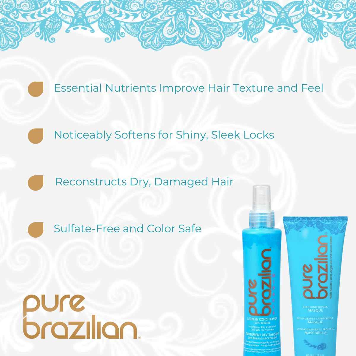 PURE BRAZILIAN Nourishing Hair Treatment Bundle - Deep Conditioning Mask (8oz) & Leave In Conditioner for Restoring Hair Health and Shine (6.78 Oz)