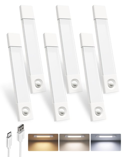 EZVALO 6-Pack Under Cabinet Lighting, 7.8" Wireless Closet Lights, 30 LED Rechargeable Motion Sensor Light, Dimmable, 3 Color Temperatures, Counter Lights for Kitchen, Pantry, Bedroom, Wardrobe