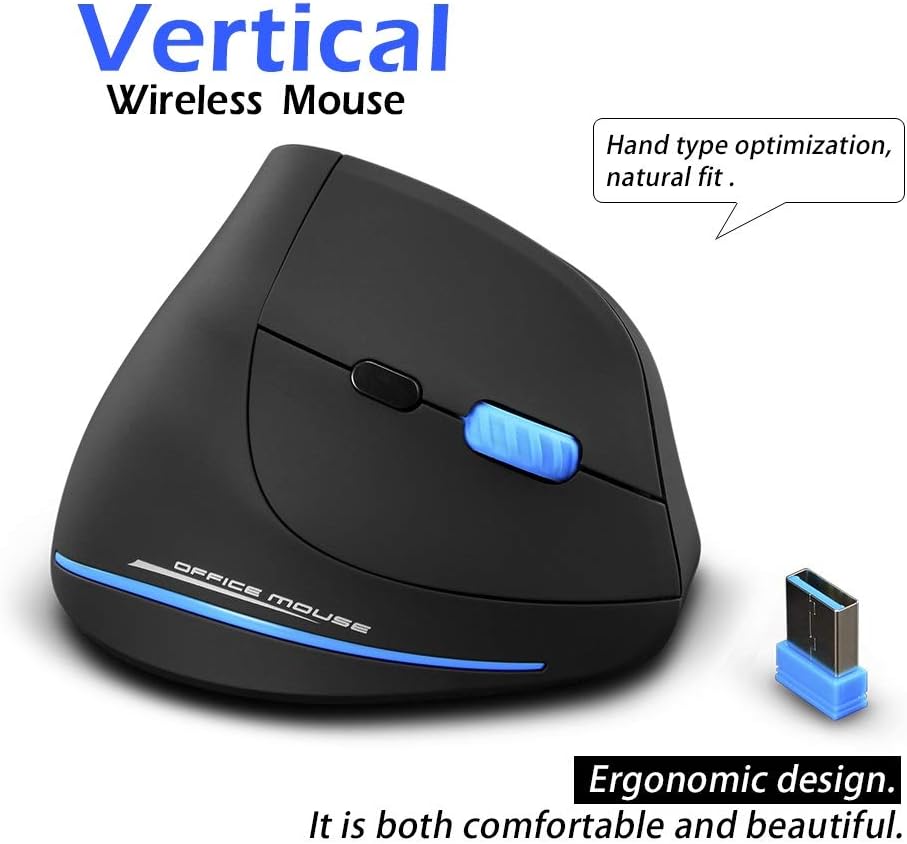 ZLOT Vertical Wireless Mouse,2.4G USB Optical Ergonomic Mice with 3 Adjustable DPI 1000/1600/2400 and 6 Buttons for Laptop, PC, Computer, Desktop, Black