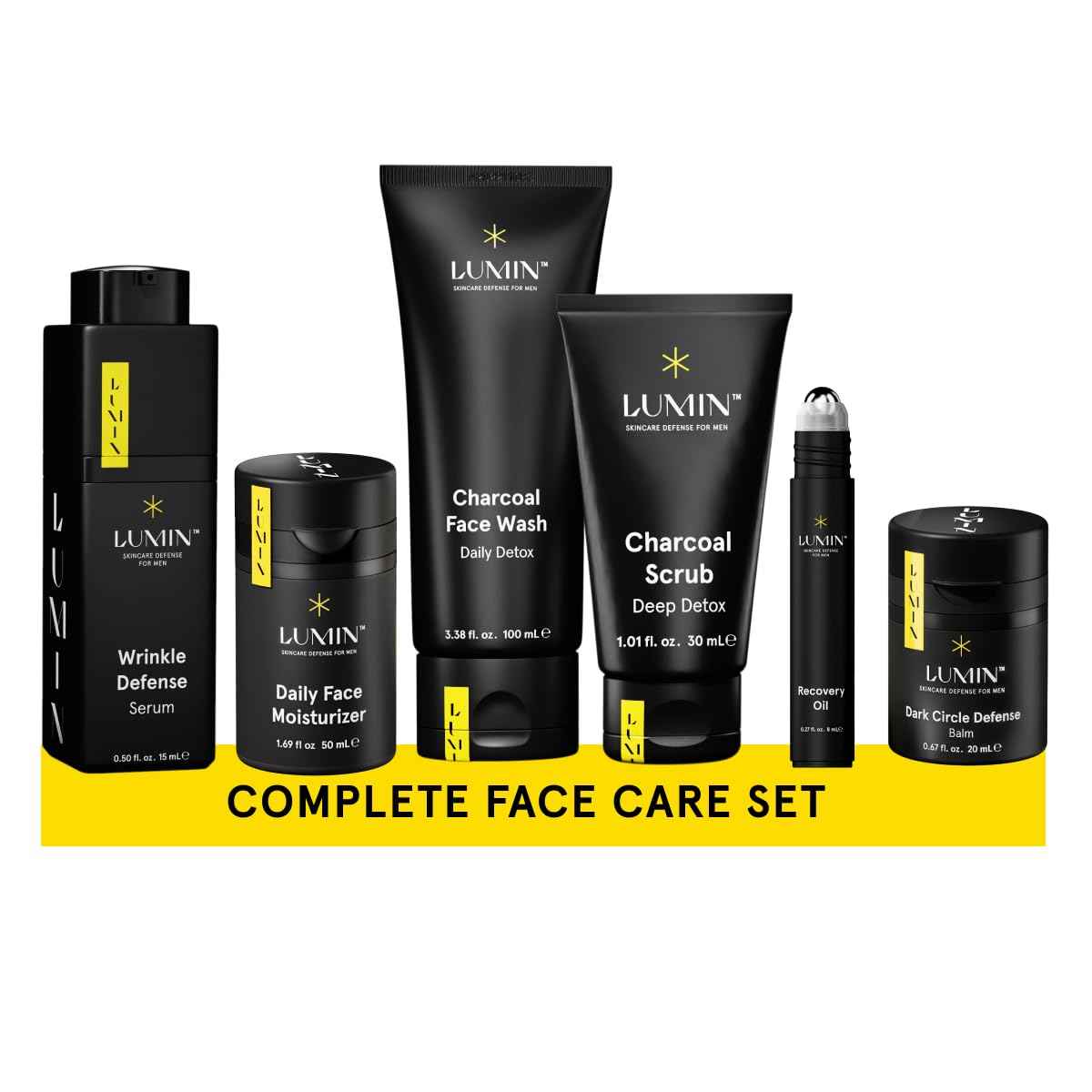 Lumin - Complete Set Men's skincare Routine includes: Charcoal Face Wash, Charcoal Scrub, Face Moisturizer, Wrinkle Serum, Recovery Oil & Dark Circle Defense Balm
