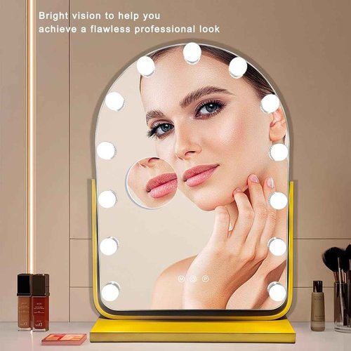 Rtajdos Hollywood-Style Vanity Mirror Makeup Mirrors with Lights, 13" x 17.3", 13 Dimmable Bulbs, 3 Color Modes, 360° Rotation, Touch Control & Memory Function, 10X Magnifier (Painted Gold)