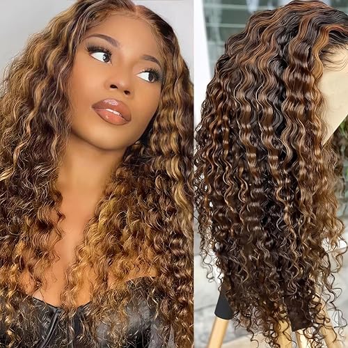 Highlight Ombre Lace Front Wig Human Hair Pre Plucked 13x6 HD Honey Blonde 4/27 Deep Wave Lace Frontal Wigs 200% Density Glueless Colored Wigs for Women Wet and Wavy Lace Front 18 Inch