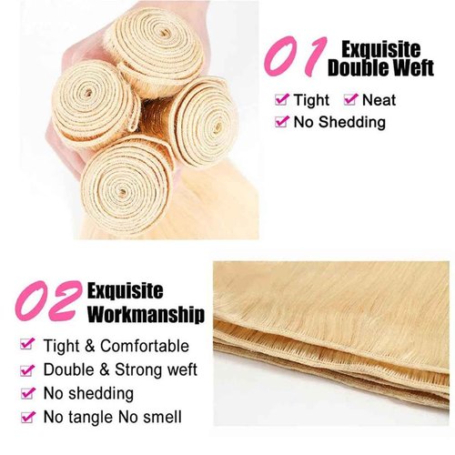 613 Blonde Bundles Human Hair Straight Hair 3 Bundles Human Hair 12A Unprocessed Brazilian Virgin Hair Weave Extensions 11oz/Pak(Do200%-300% Density Wig)16 18 20Inch