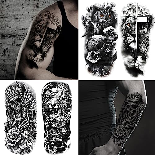 82 Sheets Temporary Tattoo for Men Women Adults, Include 12 Sheets Black 3D Half Sleeve Temporary Tattoos, Halloween Tattoos Scary Lion Wolf Tiger Skull Skeleton Tattoos Stickers