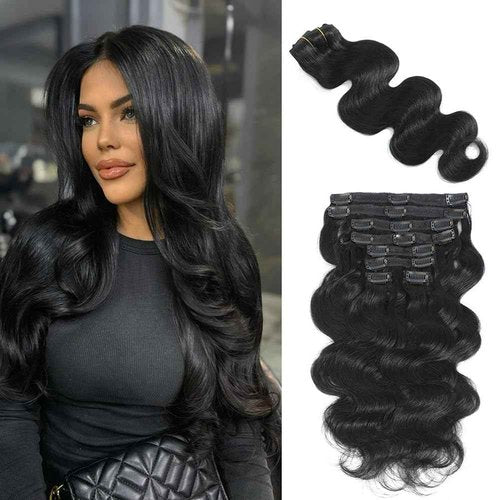 AIWET Wavy Clip in Hair Extensions Real Human Hair 8 Pieces 140g Body Wave Human Hair Clip in Extensions for Black Women Grade 12A Jet Black Remy Human Hair Extensions Double Wefts (#1,24 Inch)