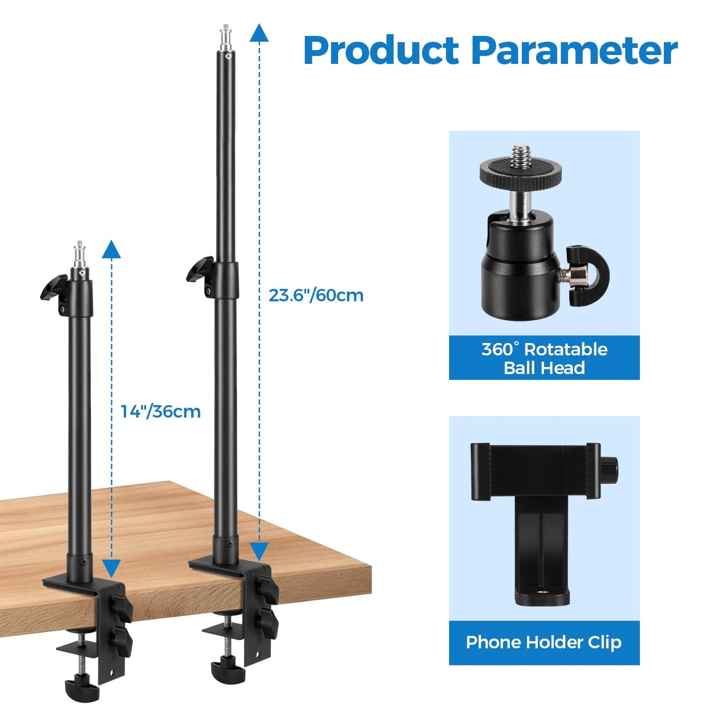 Aqirui Camera Desk Mount Stand with 1/4" Ball Head and Phone Holder Clip, Desktop Light Stand, 14"-23.6" Adjustable Light Stand, for DSLR Camera,Ring Light,Webcam,Phone