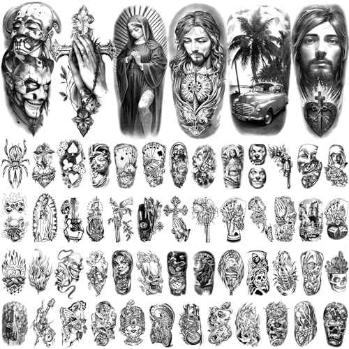 77 Sheets Temporary Tattoos, Chicano Large Fake Tattoos Chicano Guadalupe Gangster Prisoner Day of the Dead, Lowrider Style Culture Mexico Clown Fake Tattoo Stickers for Men Women Adults