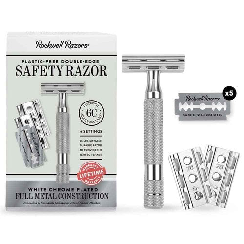 ROCKWELL RAZORS 6C White Chrome Safety Razor for Sensitive Skin. Reduces Razor Burn and Irritation. Comes with 6 Adjustable Shave Settings and 5 Recyclable Blades. Reusable Razor for Men and Women