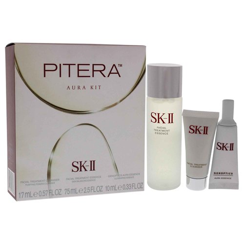 SK-II Pitera Aura Kit Unisex 2.5oz Facial Treatment Essence, 0.5oz Facial Treatment Cleanser, 0.33oz Genoptics Aura Essence 3 Pc