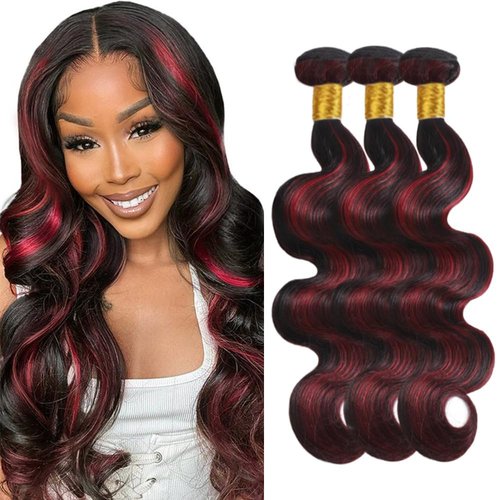 1B99J Burgundy Highlight Human Hair Bundles Body Wave Quick WeaveWet and Wavy Unprocessed Native Virgin Raw Hair Extensions 3 Bundles 20 22 24 Inch Double Weft 2 Tone Mixed for Woman