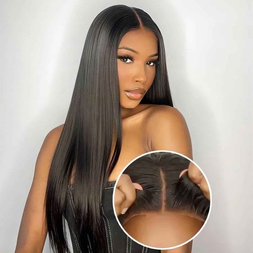 ISEE Wear Go Glueless Wigs Human Hair Pre Plucked Pre Cut Straight Transparent 5x7 Lace Glueless Wig Pre Bleached Tiny Knots Human Hair Wig for Black Women 180% 16 Inch