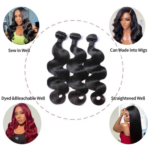 Body Wave Human Hair 3 Bundles (20 22 24) 100% Unprocessed Brazilian Virgin Human Hair Extensions Brazilian Body Wave Weave Bundles Soft and Silky Natural Black Wavy Hair Quick Weave Bundle for Women