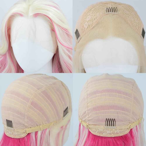 ZHYWIGS Long Wavy Hot Pink White Lace Front Wig Pink Skunk Stripe Platinum Blonde New Synthetic Hair For Women
