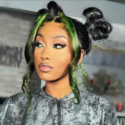 JYZ Skunk Stripe Human Hair Lace Front Wigs Green Highlights Wig Wavy 13X4 HD Lace Front Wigs Human Hair 200% Density Pre Plucked with Baby Hair 22inch Middle Part