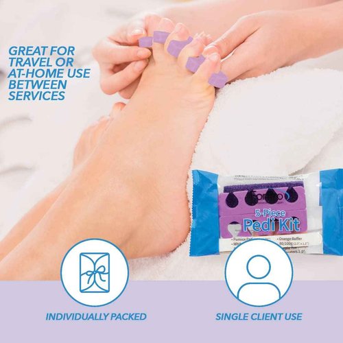 ForPro 5-Piece Pedi Kit, 200-Count, Individually-Packed Pedicure Set, Purple Pumice Pad, Wood Nail File 80/100 Grit, Mini Buffer 80/100 Grit, Wood Stick, Toe Separators
