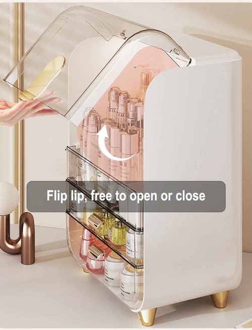 Wi4you Makeup Organizer for Vanity, Large Capacity Cosmetic Organizer Trendy Stuff, Clear Cosmetic Display Case with Flip-top Lid and 2-Tier Drawer for Bathroom Countertop, Bedroom Dresser (White)
