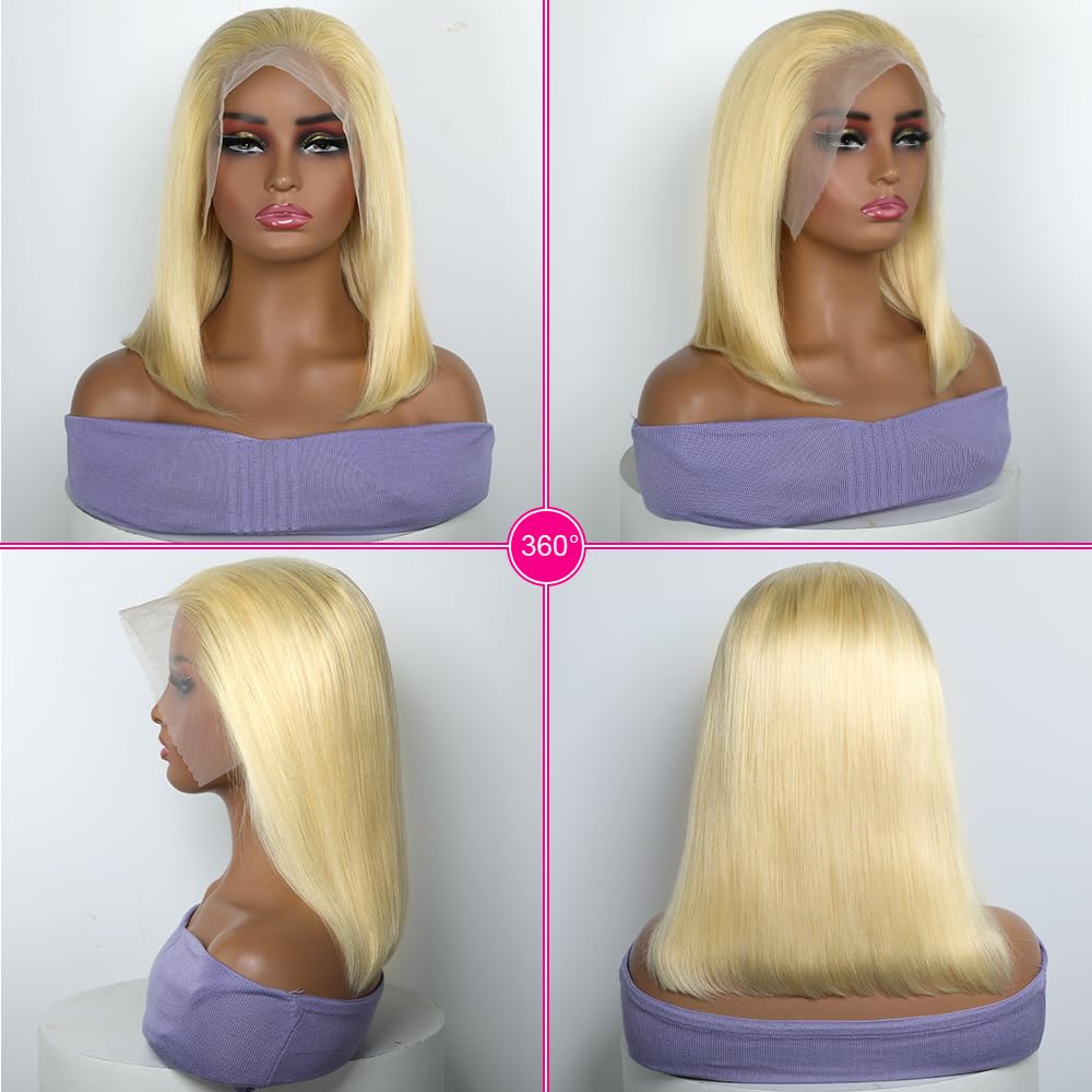 Honey Blonde Bob Wig Human Hair 13x4 HD Lace Frontal Glueless Wigs Human Hair for Black Women 180 Density Pre Plucked 100% Brazilian Virgin Blonde Wigs Human Hair - 14 Inch Skinlike 613 Bob Wig