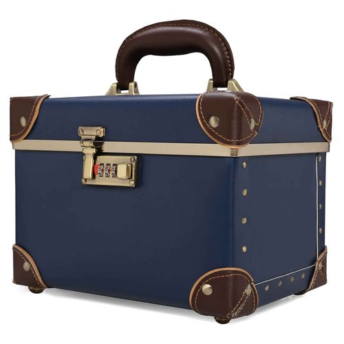 urecity Vintage Makeup Train Case, Navy Blue Artificial Leather, Professional Cosmetic Organizer with Metal Combination Lock, Retro Style Storage Box