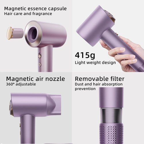 TINSOL Hair Dryer, 500 Million Plasma Professional Hair Dryer, 130000RPM High Speed Brushless Motor Blow Dryer Quick Drying Low Noise with Magnetic Nozzle and Essential Oil Capsules for Home(Purple)