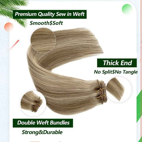 Sew in Hair Extension Real Human Hair, 18 inch 100g Hand Tied Weft Hair Extension Human Hair, Beige Blonde with Platinum Blonde Highlights Human Hair Extensions Sew in, Double Weft Bundles Human Hair