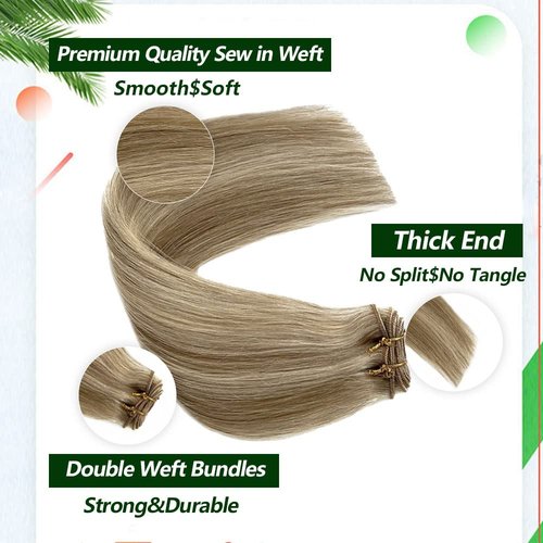 Sew in Weft Hair Extensions Bayalage Colored Beige Blonde With Platinum Blonde Highlights - Human Hair Bundles Double Weft Silky Straight Remy Hair Full Head 20inch 100g