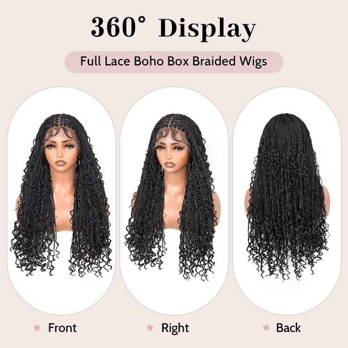 Suntefic Boho Box Braided Wigs for Black Women Glueless Double Full Lace Human Hair Blended Lightweight Hand Braid Wig with Baby Hair (2-Black, 28 In)