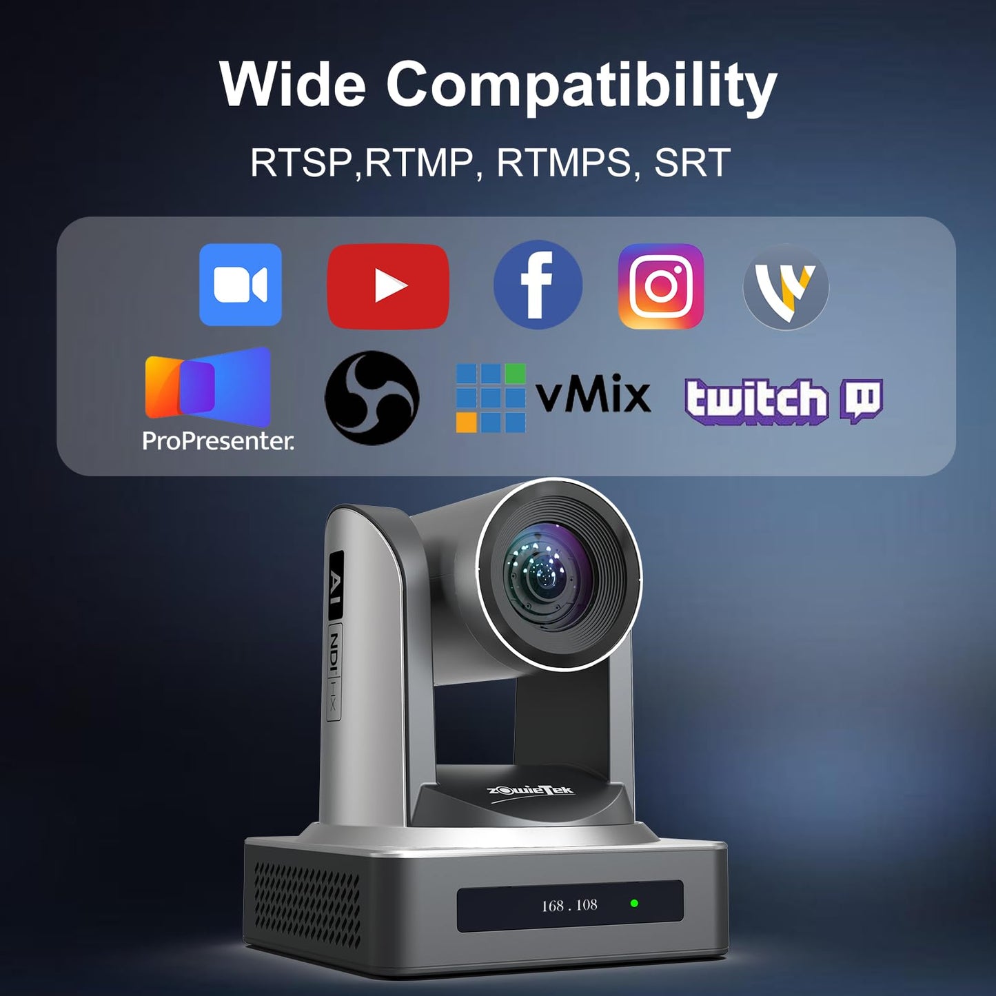 zowietek NDI PTZ Camera (Native NDI 6 Certified), AI Auto Tracking 1080P60 PoE, 20X Optical Zoom, 3G-SDI HDMI USB3.0 LAN, Live Streaming for Church Meeting Education Sport Hospital Wedding