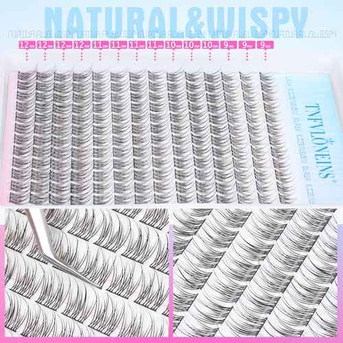 Natural Lash Extension Kit 168Pcs Lash Clusters Kit Wispy Eyelash Extensions 9-12MM Individual Lashes Extensions with Bond and Seal Lash Glue and Eyelash Extension Tweezers DIY at Home by TNFVLONEINS