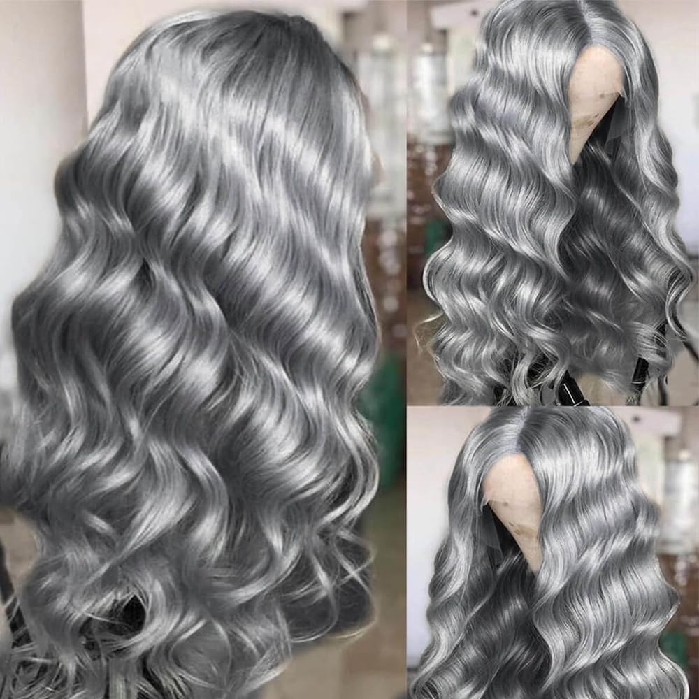 Grey Human Hair Wig 13X4 Body Wave Grey Lace Front Wigs Human Hair Pre Plucked with Baby hair 180% Density Colored wigs for Women 24 inch