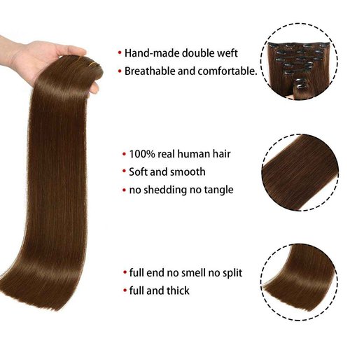 Clip in Hair Extensions Real Human Hair Straight Clip Hair Extensions Brazilian Remy Human Hair Double Weft Human Hair (4# Medium Brown, 20 Inch)