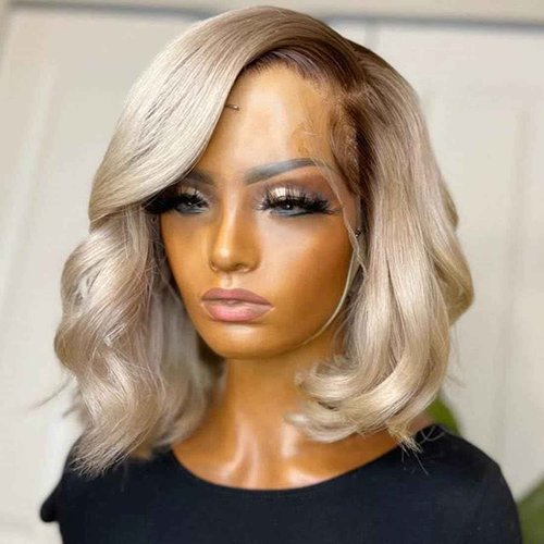 Ombre Milk Tea Blonde Bob Wig Human Hair Body Wave 200% Density Loose Wave 13x4 Hd Brown Roots with Ash Blonde Summer Bob Wig Pre Plucked with Baby Hair for Women 14 Inch