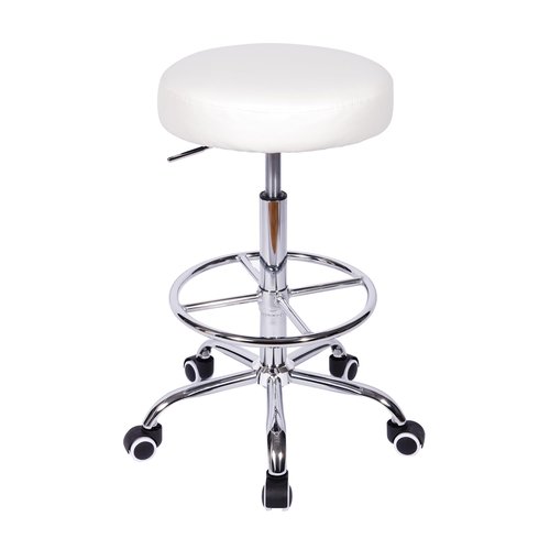 VECELO Round Rolling Stool with Footrest and Wheels, Easy Assembly PU Leather Height Adjustable Drafting Swivel Chair for Spa Salon, Office, Medical, Beauty, Bar, Lab, White