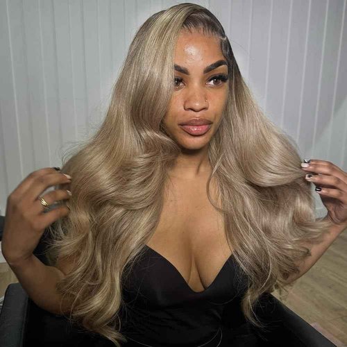 Rina Ombre Black Roots Ash Blonde Wig Human Hair 210% Density 13x4 Loose Body Wave Wig Pre Cut HD Lace Pre Plucked Bleached Knots Wig for Women Ombre Blonde Colored Wig for Any Occasions 20 Inch