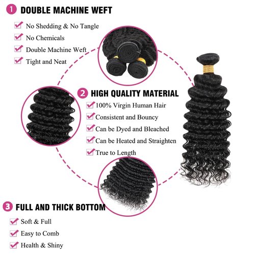Michanliana Human Hair Bundles 14 16 18 Inch Deep Wave Bundles Human Hair 12A Raw Unprocessed Virgin Quick Weave Hair for Black Women Natural Black Color