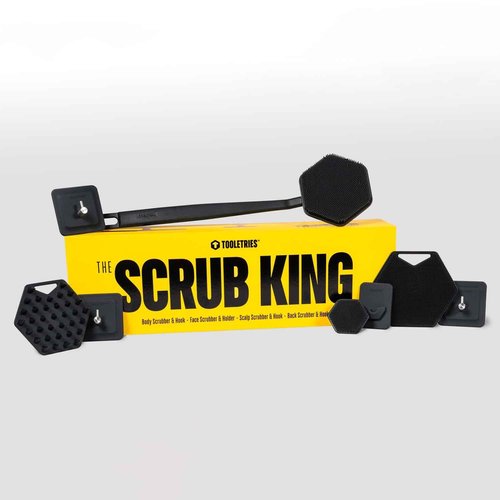 TOOLETRIES The Scrub King - Men's Silicone Body and Face Scrubber Set - Back Scrubber for Shower, Body Scrubbers, Storage Hooks, & Face Brush Holder - Shower Accessories for Men - Charcoal