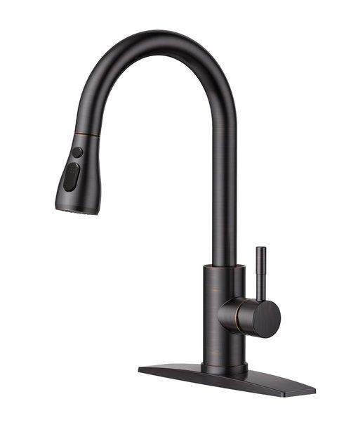 FORIOUS Kitchen Faucets with Pull Down Sprayer, Oil Rubber Brown, High Arc Single Handle Classic Stainless Steel Sink Faucet 1 or 3 Hole, Suitable for Farmhouse Camper Laundry Rv Bar