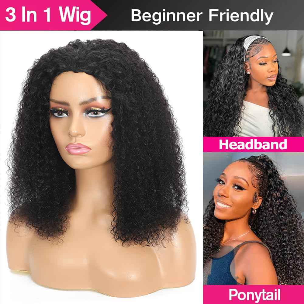 Kinky Curly Half Wig Human Hair 200% Density 3 In 1 Seamless Clip Ins Flip Over Half Wig Wear and Go Glueless Wigs Human Hair for Women Drawstring Headband Wig Beginner Friendly (Black, 20 Inch)