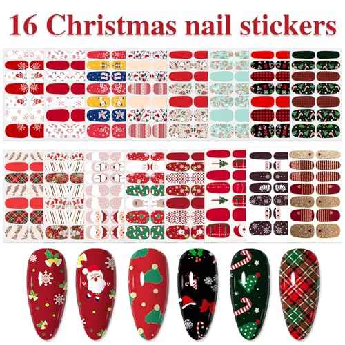 WOKOTO 16 Sheets Christmas Nail Polish Strips Full Wraps for Women Nail Strips- Santa Claus, Elk, Snow Man, Tree Stick On Nail Polish Strips Christmas Gel Nail Stickers Color Strips DIY Easy Nail Art