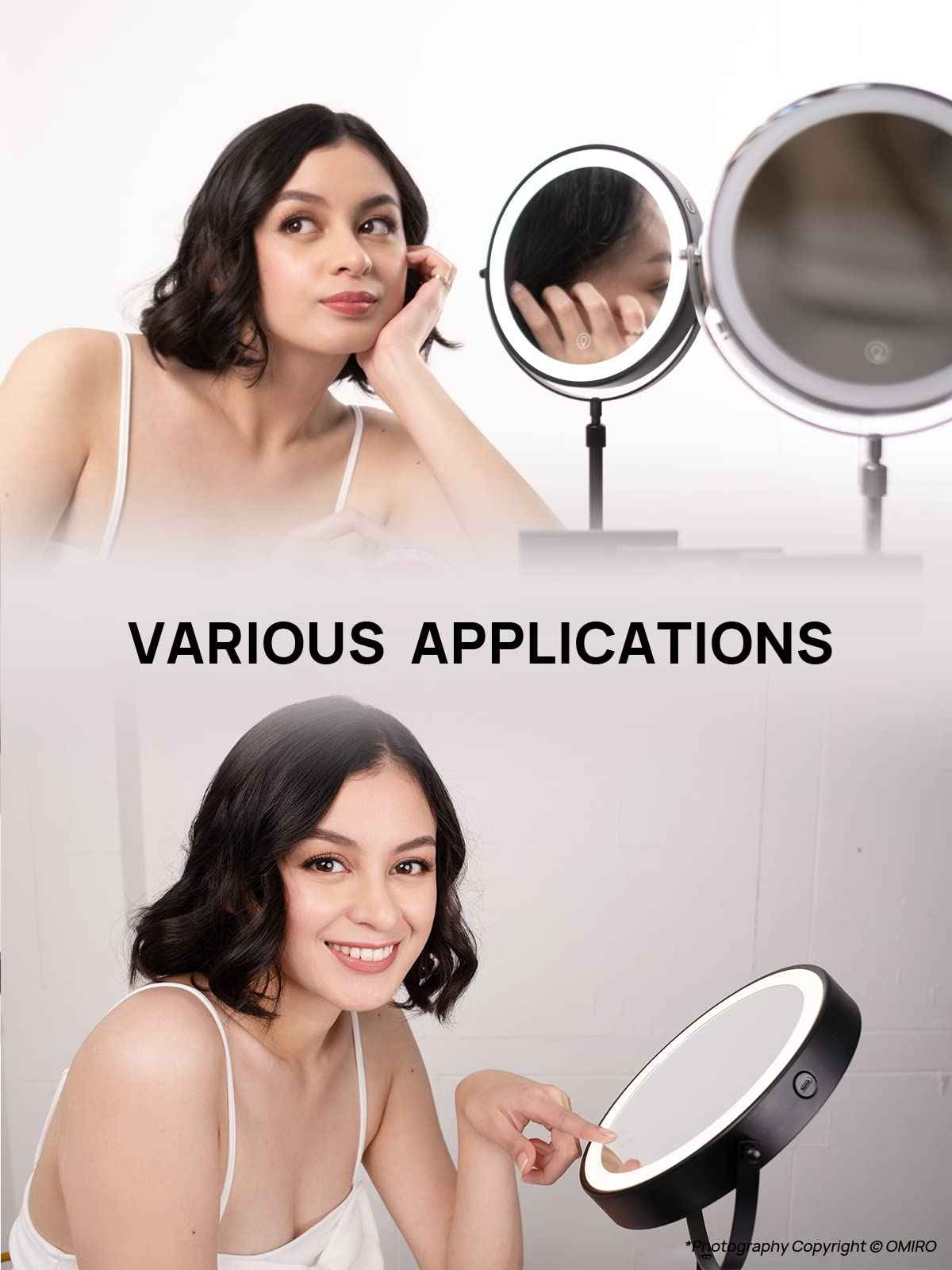 OMIRO 3X/10X Magnifying Makeup Mirror with Lights, 8.5 Inches Double Sided Swivel-Free Vanity Mirror with Height-Adjustable Stand. (Black)