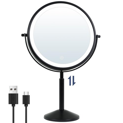 TUSHENGTU 9" Black Magnifying Vanity Mirror - Height Adjustable, Rechargeable, 360 Double Sided with 3 Color Lights