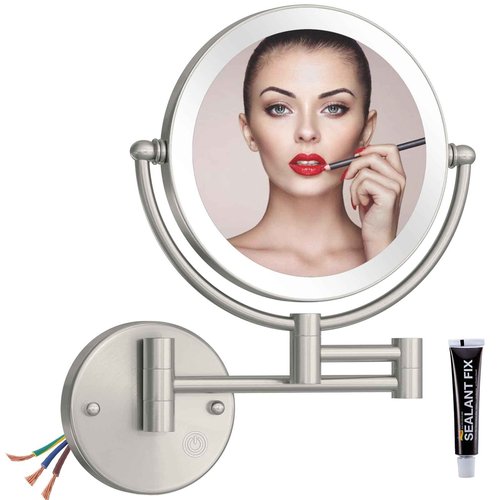 RECKODOR Bathroom Magnifying Makeup Mirror Wall Mounted with Light, Hardwired 7W LED Lighted Vanity Mirror, 360 Swivel 17.7 Inch Brass Extension Arm, Touch Dimmable, Brushed Nickel