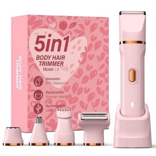 HOHOLE 5-in-1 Bikini Trimmer for Women, IPX7 Waterproof Electric Razors Shaver, Cordless Body Hair Trimmer, Facial & Pubic Hair Removal, Ceramic Blade (Blush)