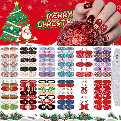 12 Sheets Christmas Full Nail Wraps Stickers, Wsimily Christmas Self-Adhesive Nail Polish Sticker Decals with 1Pcs Nail File Santa Claus Snowflakes Design for Women Girl Xmas Nail Decoration